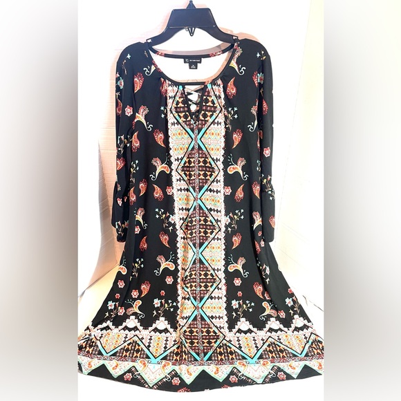 New Direction Boho Tunic Dress Geometric Paisley Med. 3/4 Tiered Bell Sleeves - Picture 2 of 12